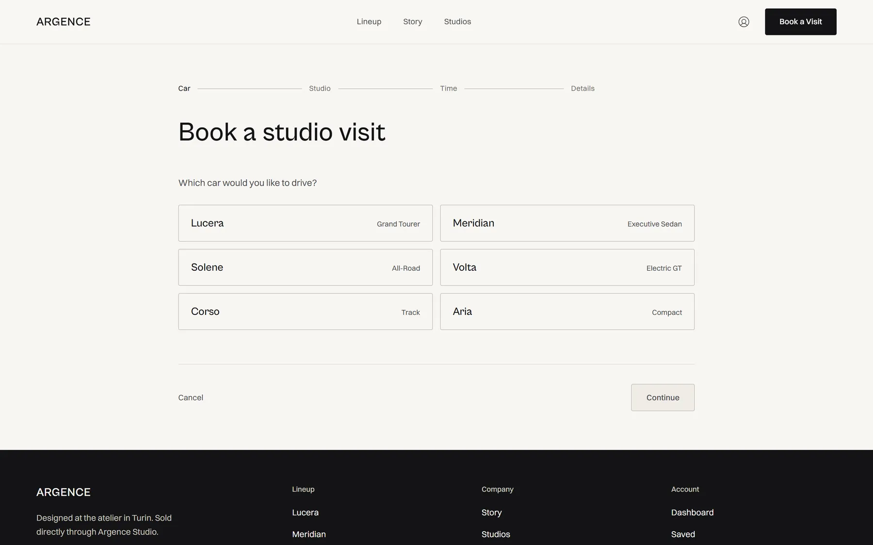 The Argence booking flow, step one of four: choosing which car to drive from six models.