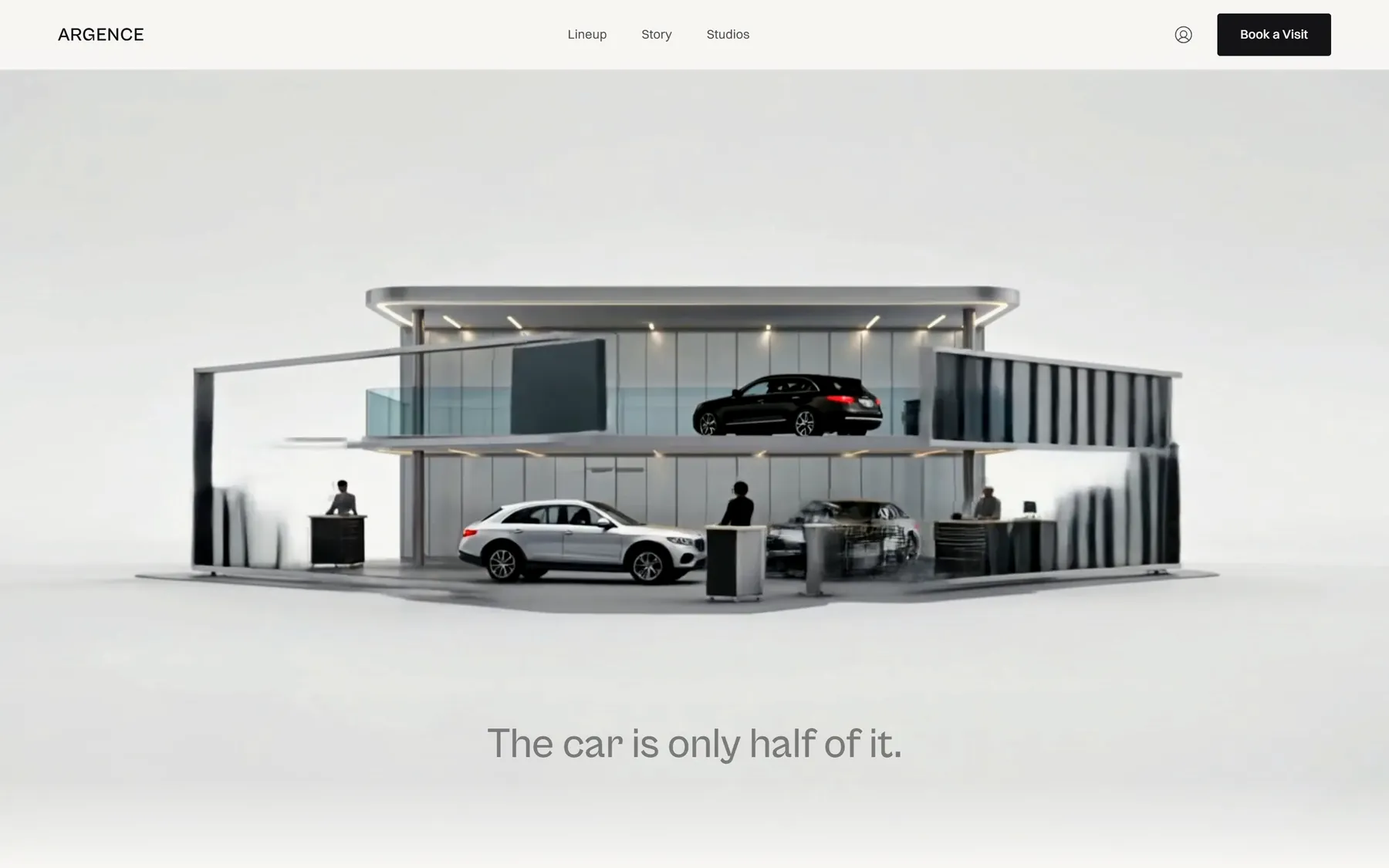 The scroll-driven sequence at the point the studio building opens up, with the line 'The car is only half of it.'
