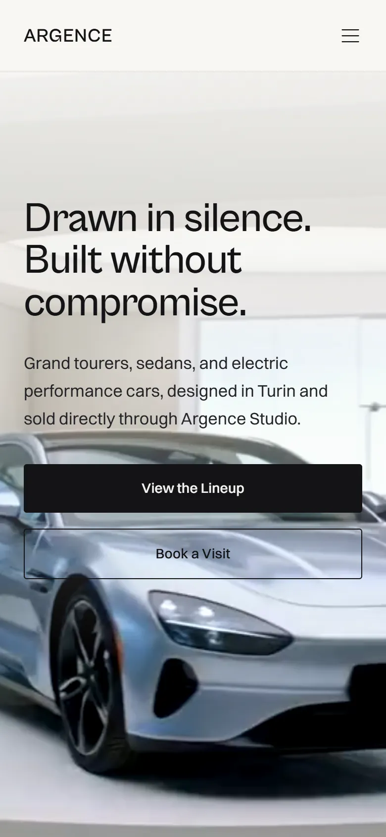 The Argence homepage on a phone, with the opening sequence running at phone width.