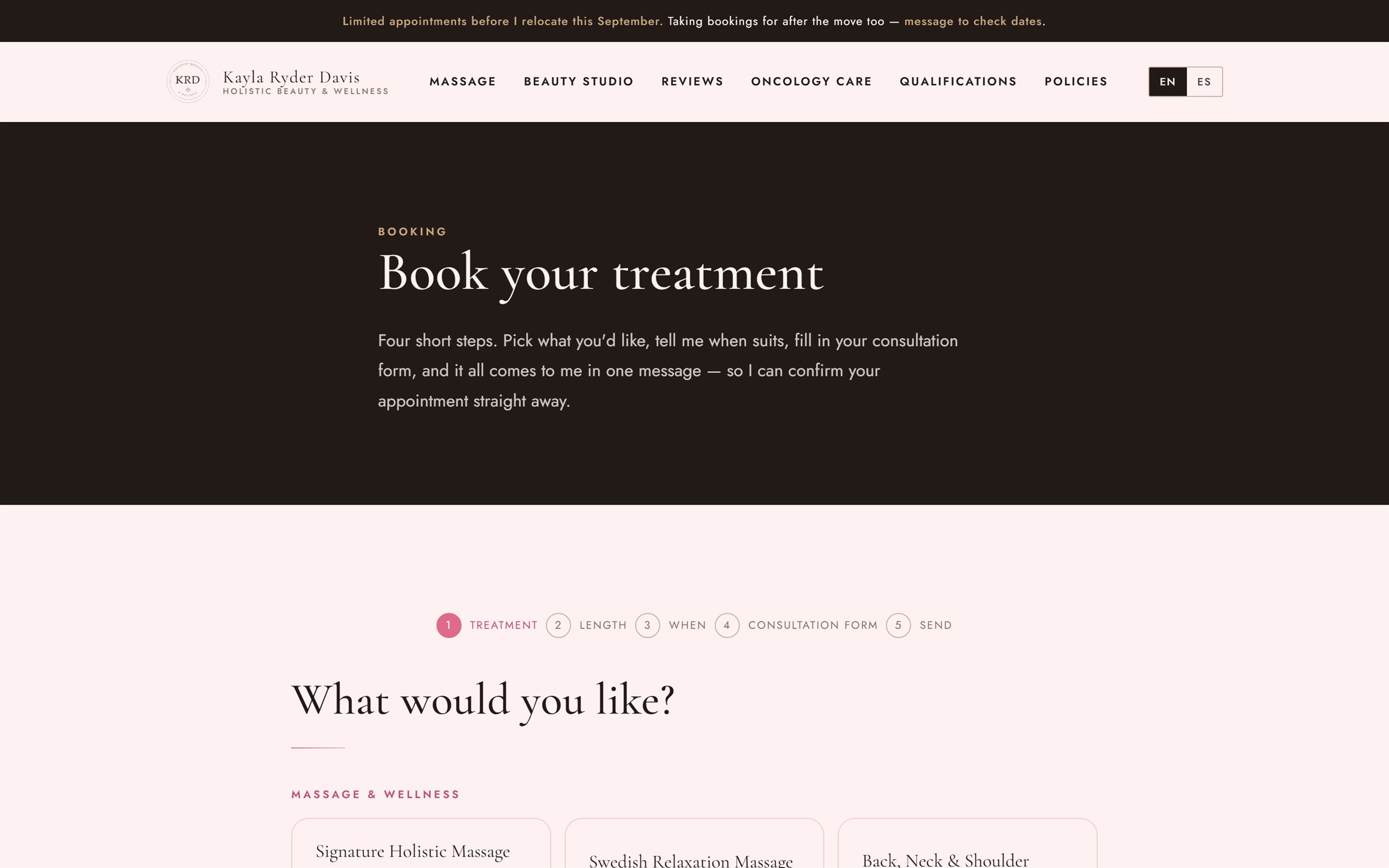 The booking page showing a five-step progress indicator: treatment, length, when, consultation form, send.