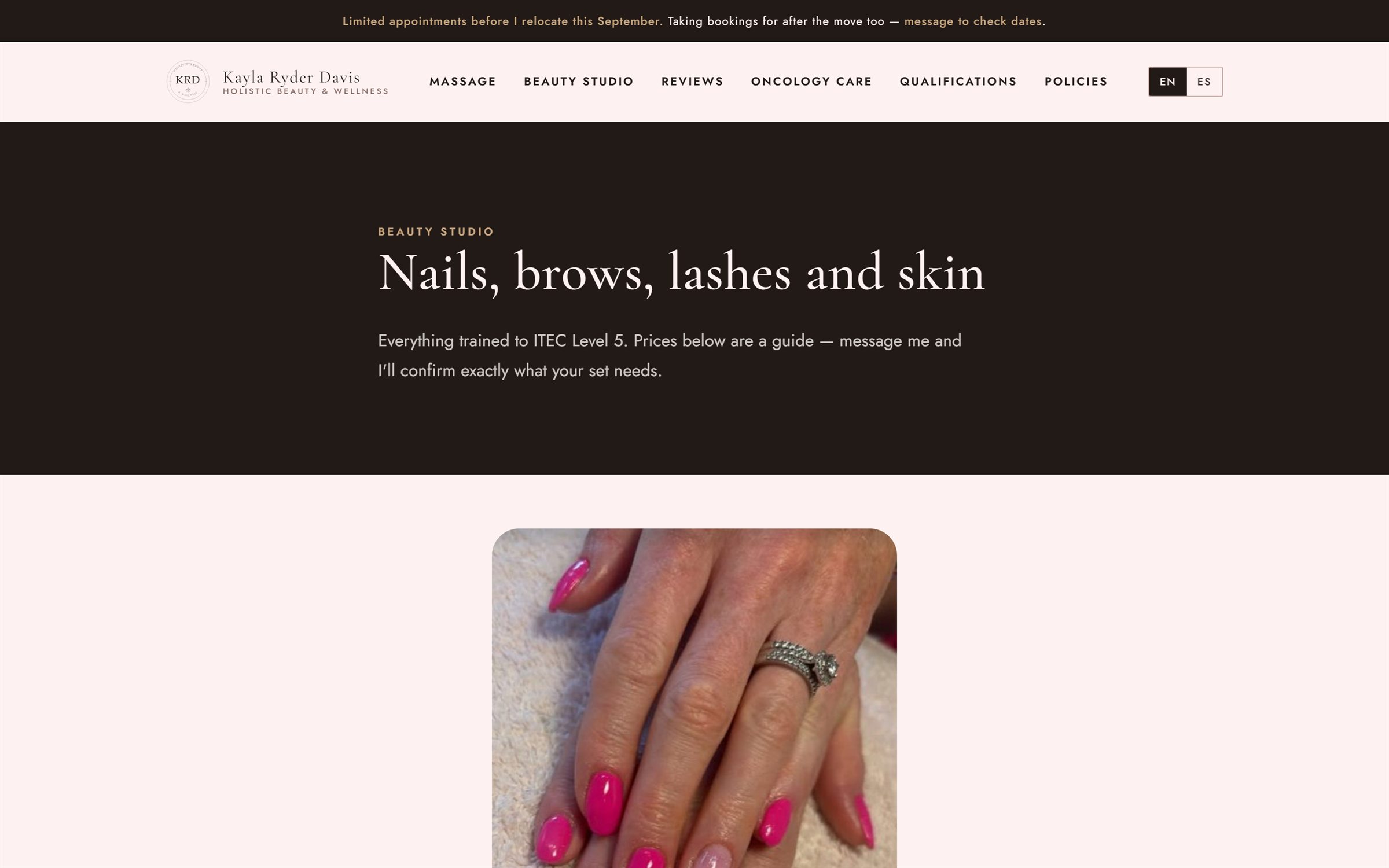 The beauty studio page listing treatments with descriptions and prices.